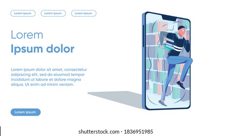 Guy with Books Runs out Library on Smartphone. Student Learn Various Ways to Integrate Information. Development own Position and Process Evaluation. Stimulate Students' Interest in Certain Problems.