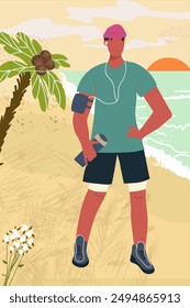 Chico con una botella de agua después de trotar, corredor, entrenamiento contra el fondo del panorama del mar, océano, en vacaciones de verano, puesta de sol, salida del sol.  Ilustración vectorial plana