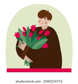 A guy with a bouquet of red tulips in his hands. Romantic love. Love between friends. Flat style. Vector illustration.