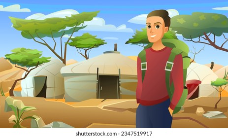 Guy boy with backpack near settlement of nomads. Traditional dwellings. Tourist walking adventure journey. Fun cartoon style. Vector