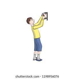 A guy, boy (man) hammering the shelf with a hammer. Vector color illustration.