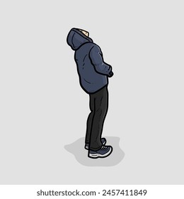 Guy boy man jacket hoodie pants shoes facing up light grey Background vector modern illustration