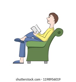 The guy, boy (man) is reading a book in the chair. Vector color illustration.