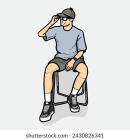 Guy boy man sitting relax on chair grey Background vector modern illustration