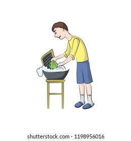 The guy, boy (man) washes clothes. Vector color illustration.