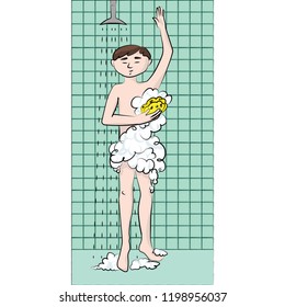 The guy, boy (man) washes in the shower. Vector color illustration.