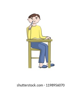 The guy, boy (man) writes at the table. Vector color illustration.