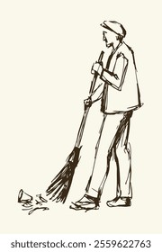Guy boy stand hold stick tool look tidy cleanse town house home floor white sky text space. Outline black ink pen paper hand drawn cleaning girl remov dirt dust logo icon sign old retro doodl line art