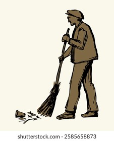 Guy boy stand hold stick tool look tidy cleanse town house home floor white sky text space. Outline black ink pen paper hand drawn cleaning girl remov dirt dust logo icon sign old retro doodl line art