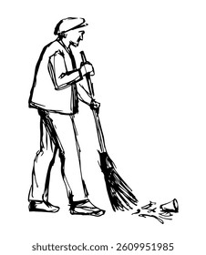 Guy boy stand hold stick tool look tidy cleanse town house home floor white sky text space. Outline black ink pen paper hand drawn cleaning girl remov dirt dust logo icon sign old retro doodl line art