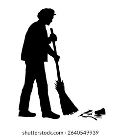 Guy boy stand hold stick tool look tidy cleanse town house home floor white sky text space. Outline black ink pen paper hand drawn cleaning girl remov dirt dust logo icon sign old retro doodl line art