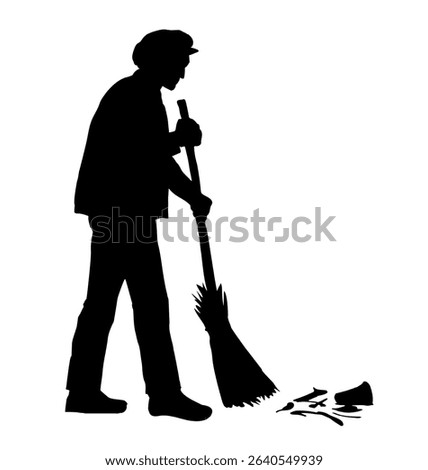 Guy boy stand hold stick tool look tidy cleanse town house home floor white sky text space. Outline black ink pen paper hand drawn cleaning girl remov dirt dust logo icon sign old retro doodl line art