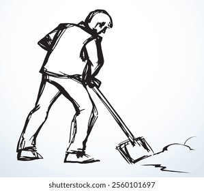 Guy boy workman stand hold up stick look cleaning town pit sky text space. Black line drawn female girl cleanup sweep way trash garbage drift logo icon sign isolate old retro doodle sketch cartoon art