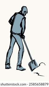 Guy boy workman stand hold up stick look cleaning town pit sky text space. Black line drawn female girl cleanup sweep way trash garbage drift logo icon sign isolate old retro doodle sketch cartoon art