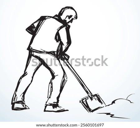 Guy boy workman stand hold up stick look cleaning town pit sky text space. Black line drawn female girl cleanup sweep way trash garbage drift logo icon sign isolate old retro doodle sketch cartoon art