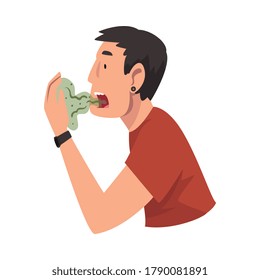 Guy Breathing to His Hand to Check and Smell His Breath, Bad Smell Vector Illustration