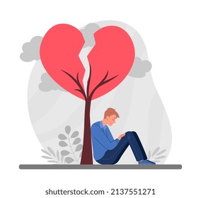 Guy With Broken Heart. Problems In Personal Life. Man Sits By Withered Tree. Depression And Sadness, Character Very Upset By Breakup. Tragedy And Frustration. Cartoon Flat Vector Illustration