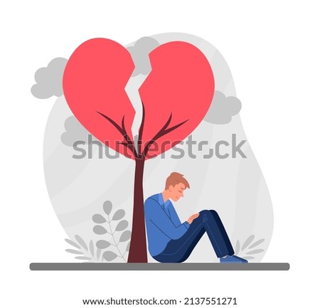 Guy with broken heart. Problems in personal life. Man sits by withered tree. Depression and sadness, character very upset by breakup. Tragedy and frustration. Cartoon flat vector illustration