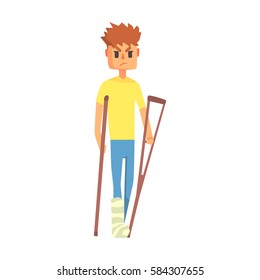 Guy With Broken Leg On Crouches, Adult Person Feeling Unwell, Sick, Suffering From Injury