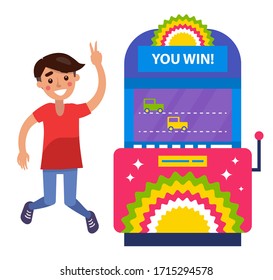 Guy with brown hair in red t-shirt and jeans playing slot machines. Smiling boy winning money in casino. Game of chance, taking risks, gambling vector