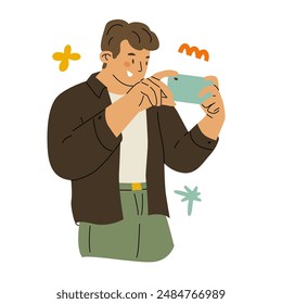 A guy in a brown shirt takes pictures on his phone. Amateur photography. Capturing happy moments. Vector illustration isolated on a transparent background.