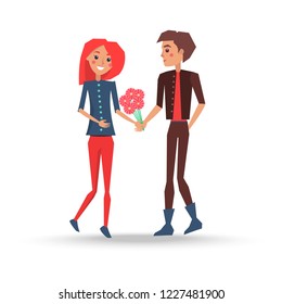 Guy in brown trousers and jacket looks at his redhead girlfriend in red trousers and blue jacket and presents her cute bouquet vector illustration.