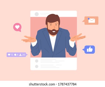 Guy browse social networks. Man making post and sharing happy moments with his followers. Social media influence and addiction. Vector illustration in flat cartoon style.