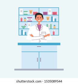 Guy brunette pharmacist behind the counter. Seller of medical drugs. The modern pharmacy. Vector