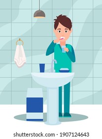 Guy brushes his teeth with a toothbrush and rinses his mouth. Morning routine concept. Young man in the bathroom takes care of the cleanliness of the oral cavity. Teeth cleaning vector illustration