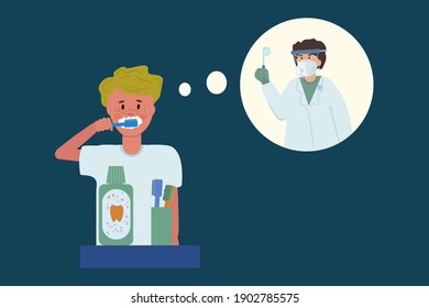 Guy Brushing his teeth and mouth. A brush drawn in the vector of a person with a tooth mint rinse. Poster for dental care and oral hygiene. Vector illustration