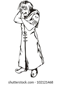 Guy in buffoon suit. Black and white vector illustration.