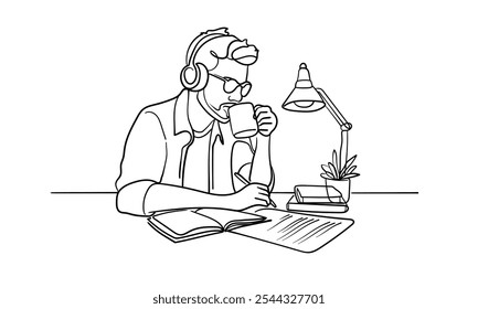 Guy businessman with headphones and coffee continuous line art drawing isolated on white background. Freelancer line art. Vector illustration