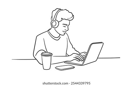 Homem de negócios cara com fones de ouvido e café desenho de arte de linha contínua isolado no fundo branco. Freelancer line art. Ilustração vetorial