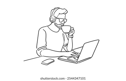 Homem de negócios cara com fones de ouvido e café desenho de arte de linha contínua isolado no fundo branco. Freelancer line art. Ilustração vetorial