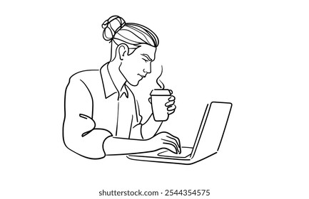 Homem de negócios cara com fones de ouvido e café desenho de arte de linha contínua isolado no fundo branco. Freelancer line art. Ilustração vetorial