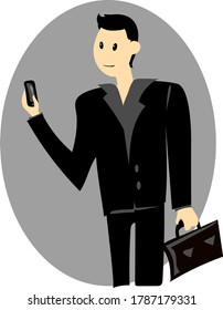 
guy businessman in a suit close-up stands holding a suitcase with documents and communicates on the phone about a deal