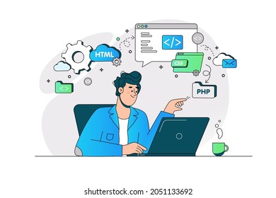 Guy Busy With Website Page Development Vector Illustration. Creating Site For Multiple Platform Flat Style. Web Design, Customize Concept