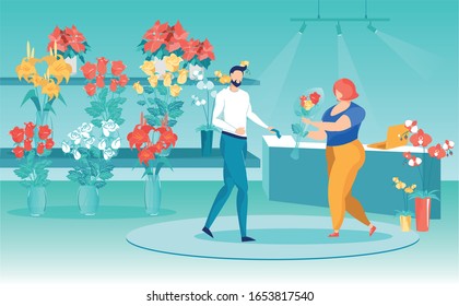 Guy Buy Flowers Bouquet for his Beloved Girlfriend. In Flower Shop Variety for Choice. Saleswoman Packed Roses to Client and Hands them to him. Man Wants to Please Girl with an Unexpected Gift.