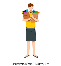 un tipo compra muchas cosas y sostiene las dos con la mano. diseño de carácter masculino. diseño de carácter masculino. comprar. rutina diaria. comprador.