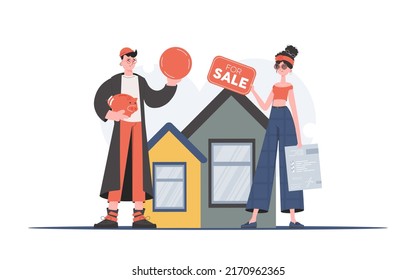 El tipo está comprando una casa. Realtor con tabla para la venta y documento. El concepto de compra de una casa. Ilustración vectorial de tendencia.