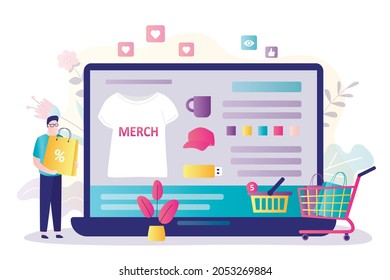 Guy buys discounted merchandise at online store. Website contains merch in different colors. Man orders products with individual design. Laptop with e-shop on screen. E-commerce. Vector illustration