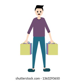 a guy buys goods returns from the store with shopping packages,a picture of a trading company, a sale or purchase of products or clothing