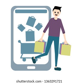 guy buys returned goods from online shop of shopping bags,picture trading companies, sales via the phone or app,icons basket and smartphone,to purchase products or clothing