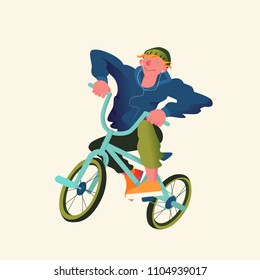 Guy by bicycle bmx extreme sport. Freestyle BMX riders in flat style. Vector illustration.