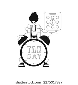 Guy, calendar, alarm clock all pointing to Tax Day. Linear vector illustration.