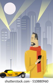 The guy called taxi using the mobile app. Conceptual image of a comfortable taxi service on call. Vector illustration in retro style