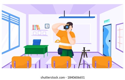 A guy with a camera takes pictures of pupils. Lesson in photography and photographic art. A young man shows students his camera. Photoshoot lesson in class. Group having online education courses