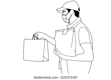 The guy in the cap courier with boxes. One line drawing isolated object by hand on a white background.