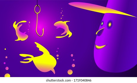 
El tipo en la gorra parece que los peces nadan alrededor del gancho. Color morado y amarillo.