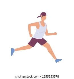 Guy in cap running on isolated background. Speed, fast, athlete. Can be used for topics like marathon, endurance, competition 